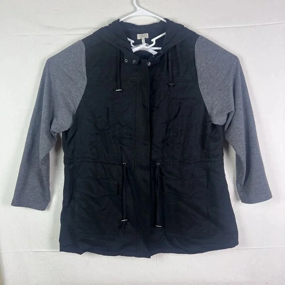 LOGO by Lori Goldstein Twill Anorak Jacket French Terry Sleeves BLACK/GRAY SZ XL - Picture 1 of 11